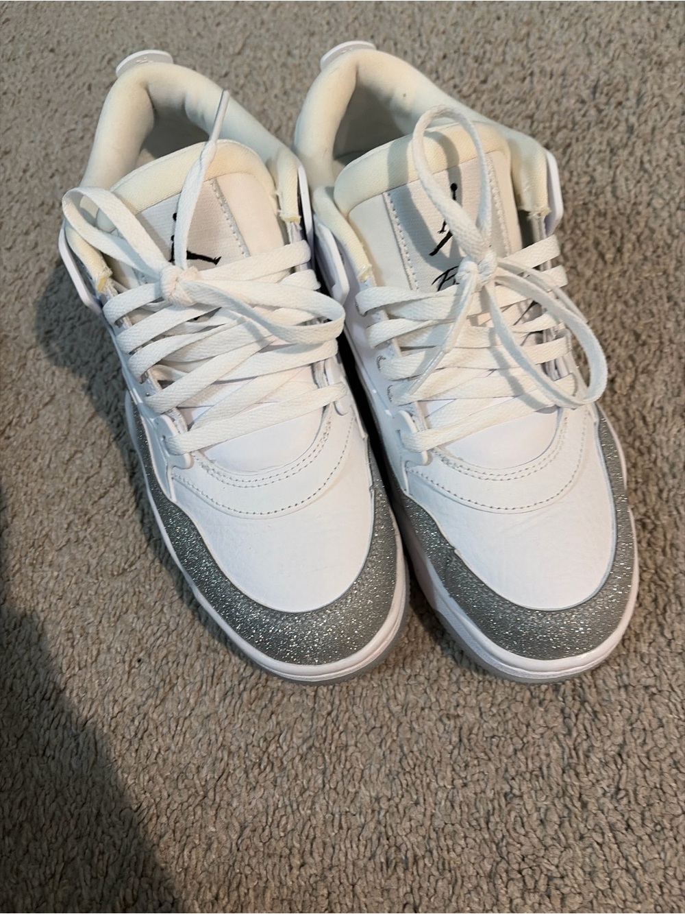 Jordan Women’s White Sneakers with Silver Glitter Toe